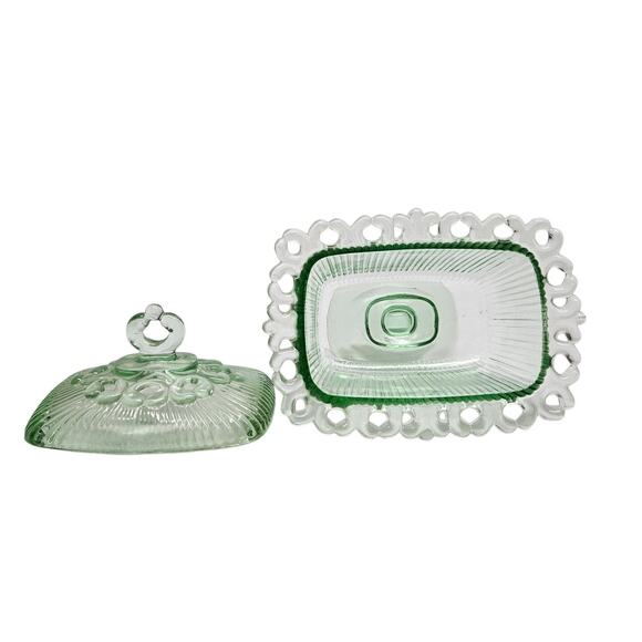 Vintage Green INDIANA Pressed Glass Diamond Point Footed Candy Dish With Lid - Picture 5 of 6